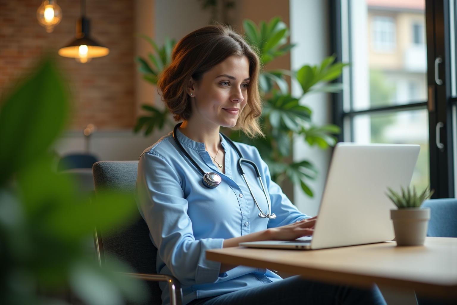 Espace de coworking pour professionnels de santé à Lausanne, une infirmière travaille dans un environnement moderne et accuei