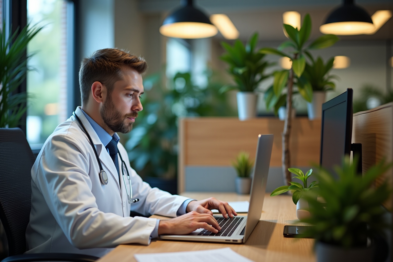 Espace de coworking pour professionnels de la santé à Lausanne, médecin au travail sur ordinateur dans un environnement calme