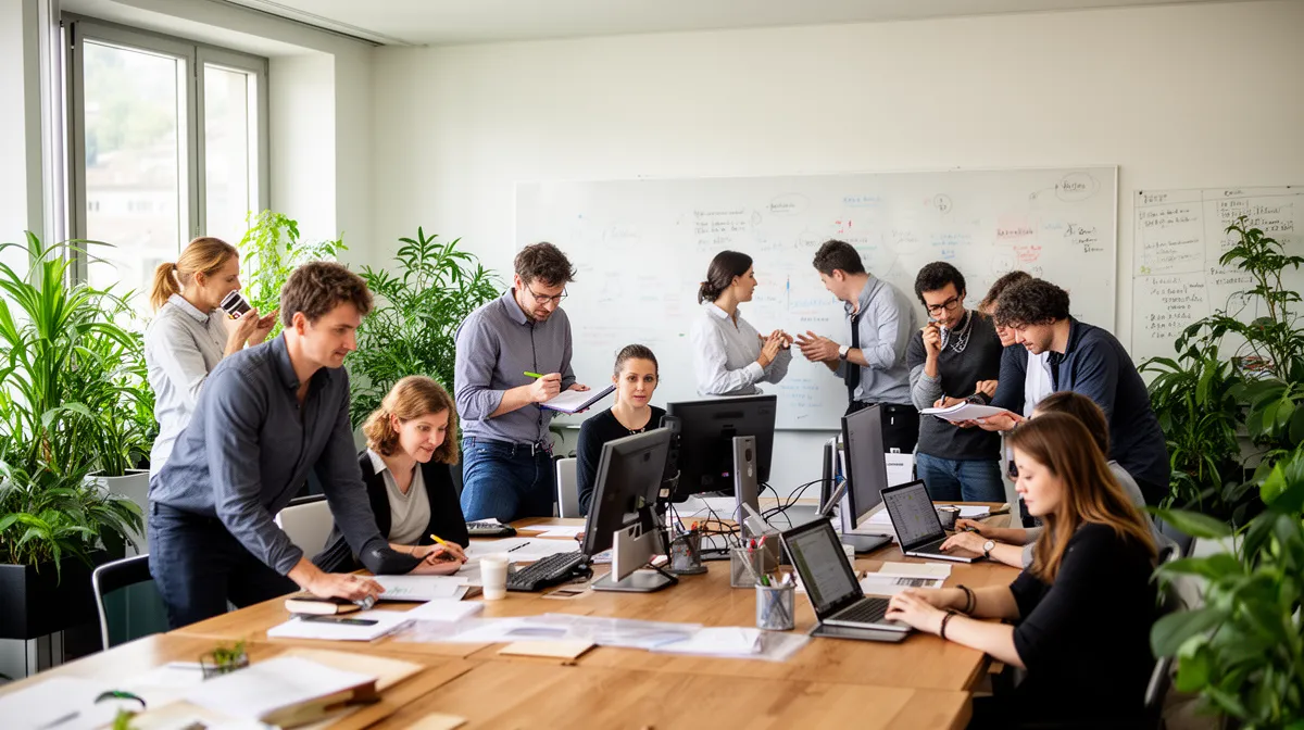 Salle de groupe de travail à Lausanne, équipe collaborative en réunion