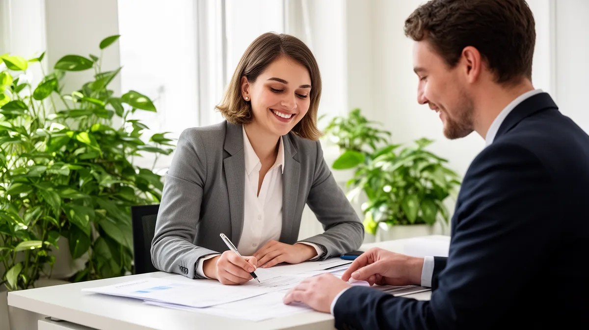 "Services complémentaires de domiciliation : une assistante aide un entrepreneur"