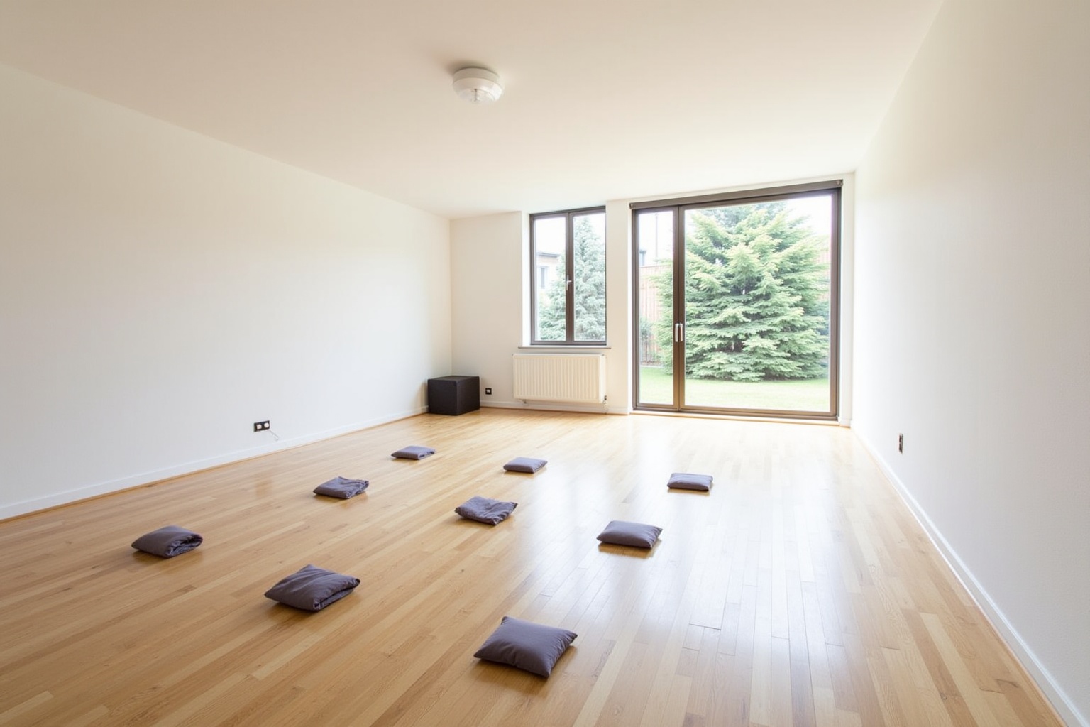 Pièce vide avec parquet en bois, coussin gris et fenêtre donnant sur la nature.