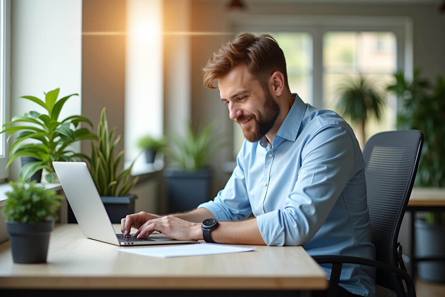 Homme d'affaires souriant travaillant sur ordinateur portable dans un bureau lumineux.