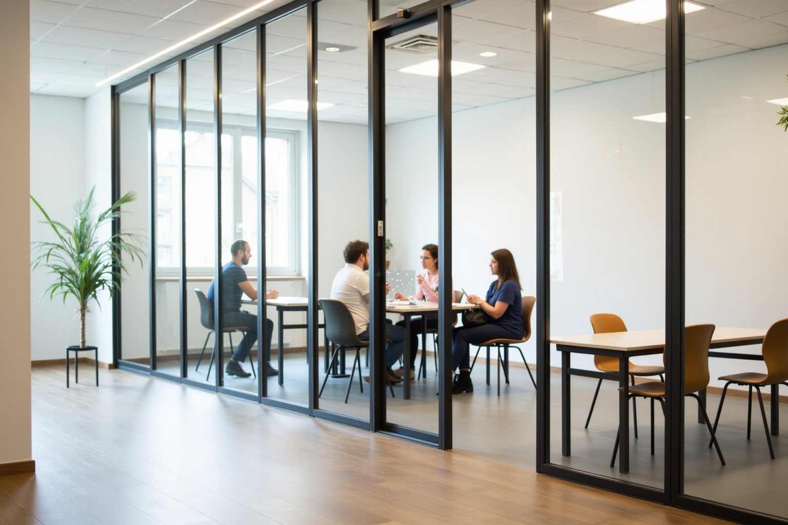 Salle de réunion moderne avec parois vitrées, employés en discussion.