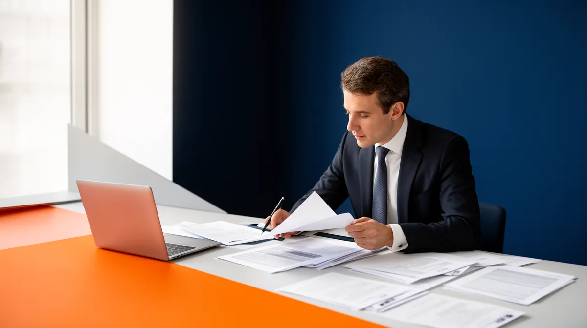 Homme d'affaires travaillant sur des documents dans un bureau.
