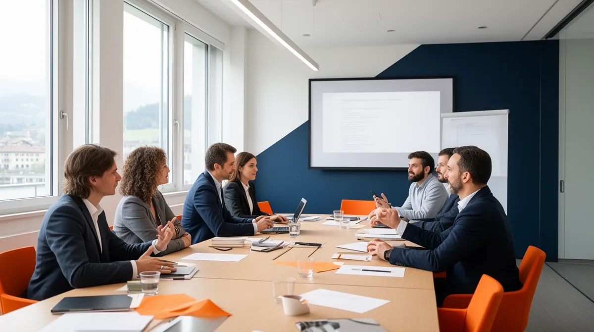 Réunion d'affaires dans un bureau moderne avec écran blanc.