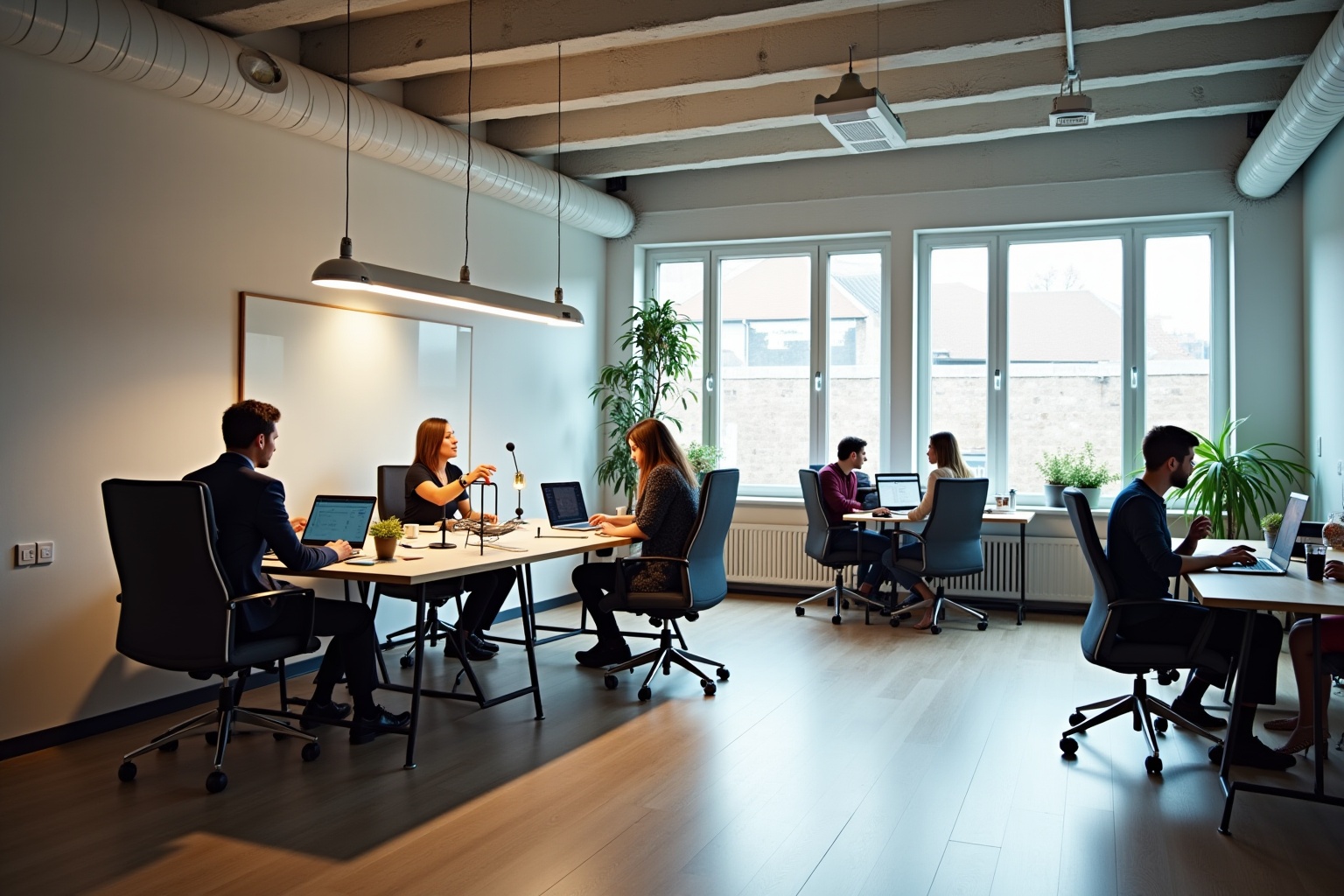 Espace de travail moderne avec des employés collaborant dans un bureau lumineux.