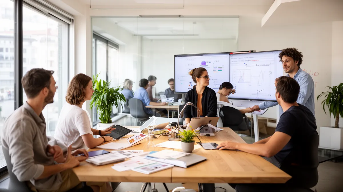 Réunion d'équipe dans un bureau moderne avec écran interactif.