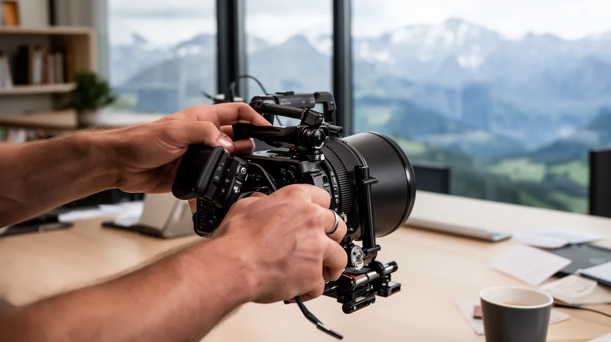 Caméra vidéo professionnelle sur un bureau avec vue panoramique sur les montagnes.