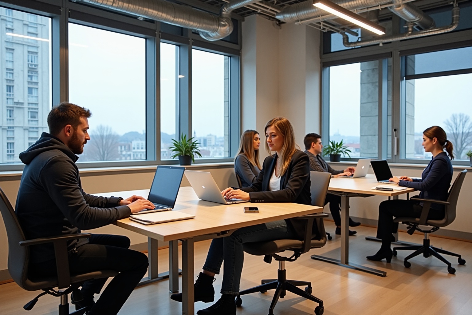 Groupe de professionnels travaillant dans un bureau moderne avec de grandes fenêtres.