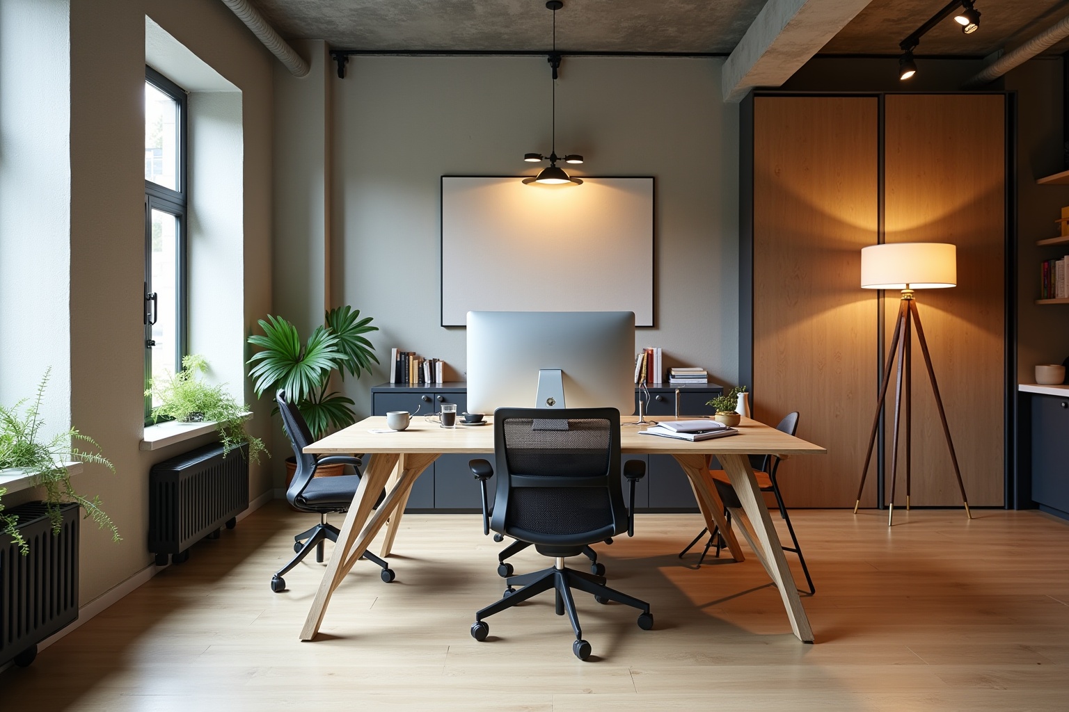 Bureau moderne et lumineux avec plantes d'intérieur.