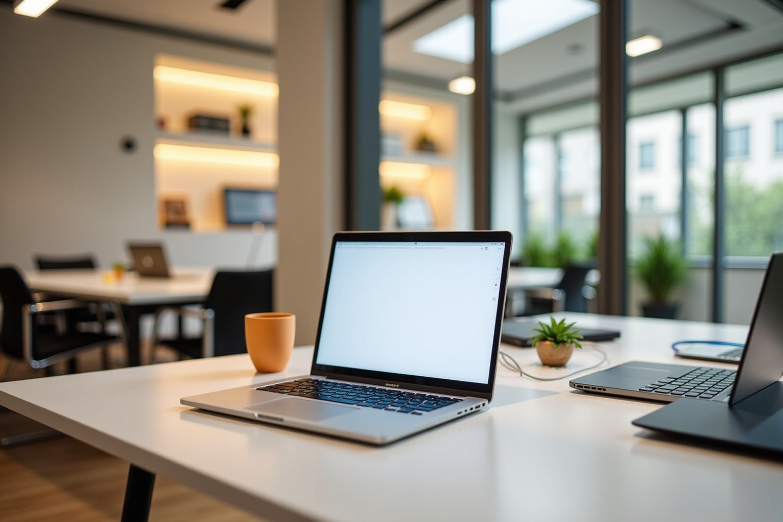 Bureau de travail moderne avec ordinateur portable et accessoires.