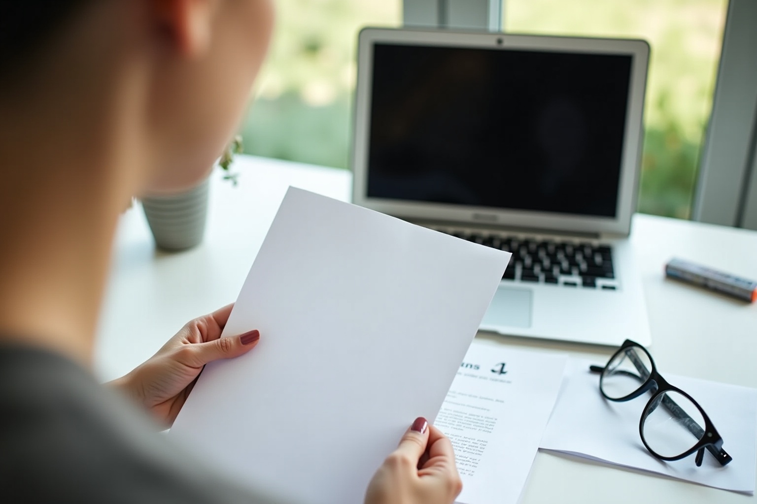 Bureau de travail avec ordinateur portable, documents et lunettes.