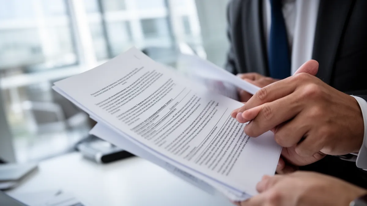 Homme d'affaires examinant attentivement un document.