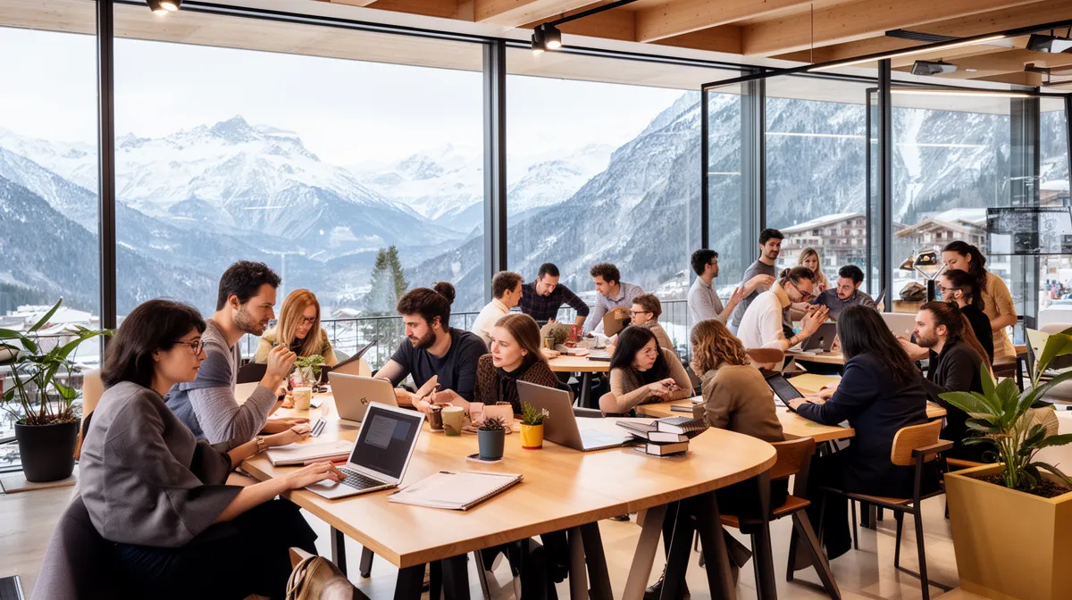 Groupe de personnes travaillant dans un espace de coworking avec vue panoramique sur les montagnes enneigées.