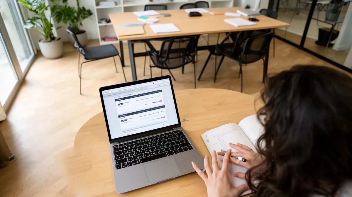 Femme travaillant sur un ordinateur portable dans un bureau moderne.