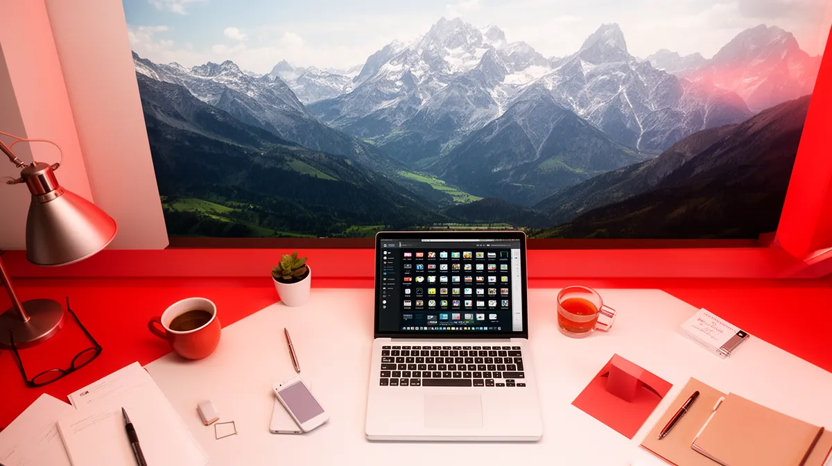 Bureau de travail avec ordinateur portable et accessoires sur fond de paysage montagneux enneigé.