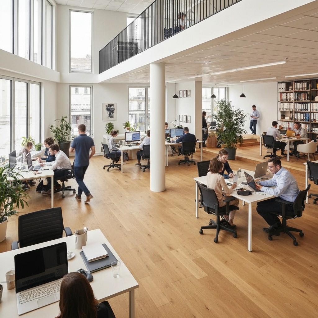 Espace de coworking moderne et lumineux à Lausanne avec des professionnels travaillant.