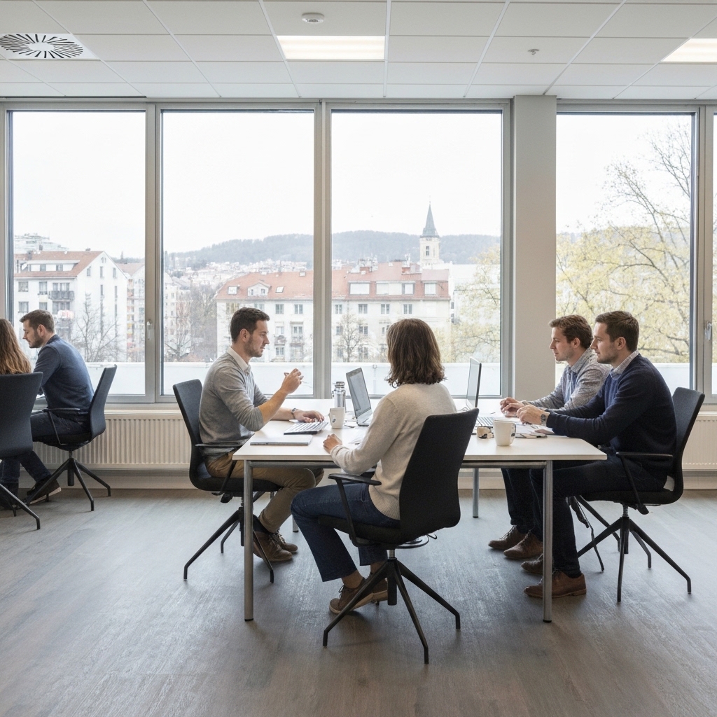 Jeunes professionnels collaborant dans un espace de coworking moderne et lumineux avec de grandes fenêtres, des bureaux en bois, des chaises ergonomiques, des ordinateurs portables ouverts, une lumière naturelle abondante et une vue sur le paysage urbain de Lausanne.