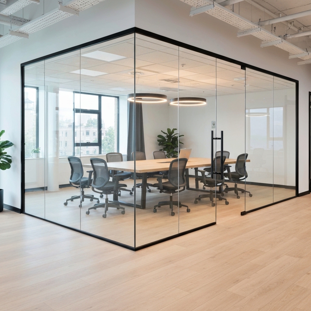 Espace de coworking moderne avec des bureaux et une salle de réunion privée visible à travers une paroi vitrée.