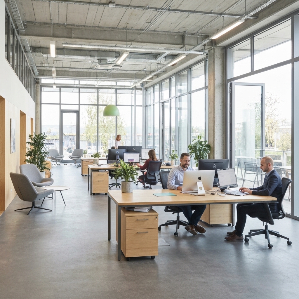 Espace de location de bureau partagé moderne et lumineux à Lausanne Flon, idéal pour le travail collaboratif.