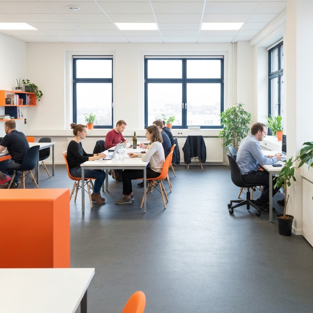 [Vue moderne et inspirante d'un espace de coworking avec des entrepreneurs collaborant, symbolisant l'innovation et la communauté en Suisse.]