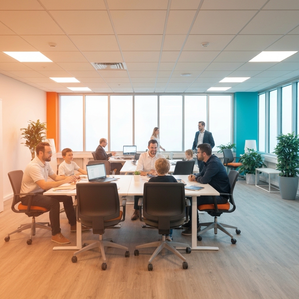 Événement d'entreprise dans un espace de coworking moderne à Lausanne avec des professionnels diversifiés collaborant autour de tables modulaires, sous la lumière naturelle des grandes fenêtres, design contemporain avec plantes et zones de détente confortables, atmosphère de réseautage.