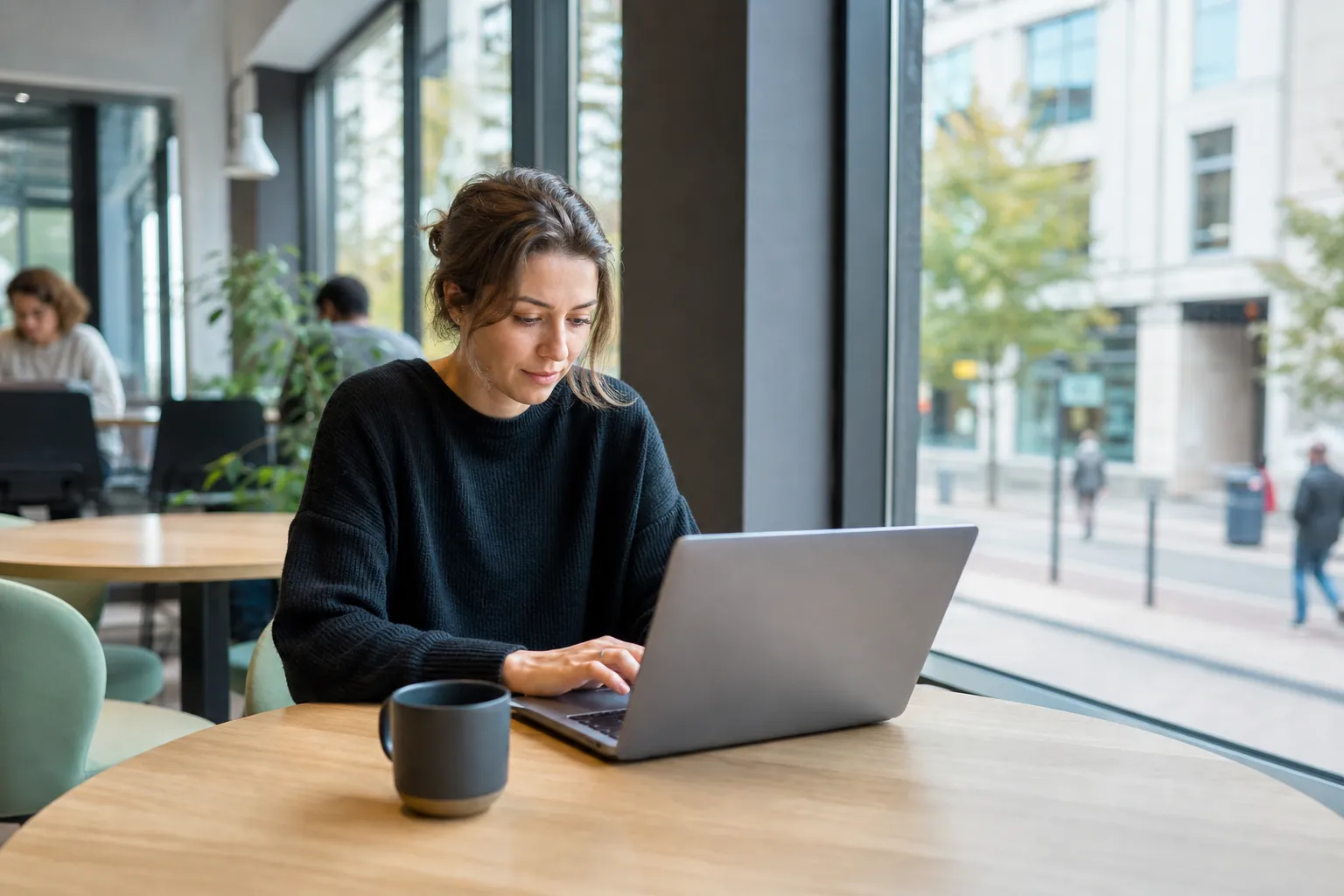 Femme travaillant sur un ordinateur portable dans un café moderne.