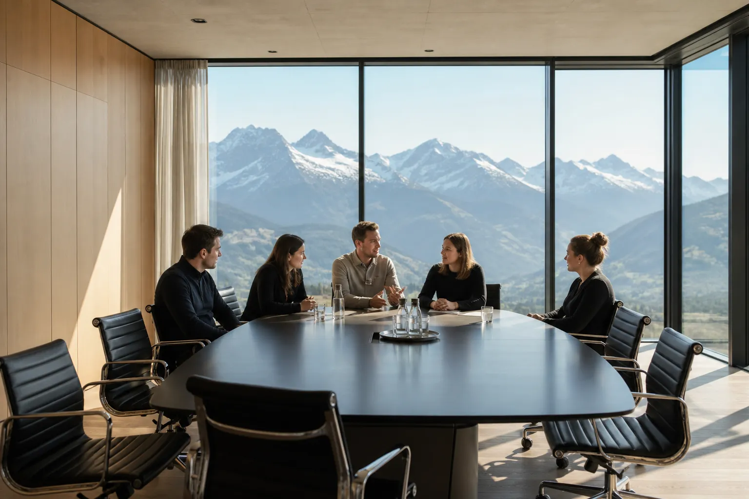 Réunion d'affaires avec vue panoramique sur les montagnes enneigées.