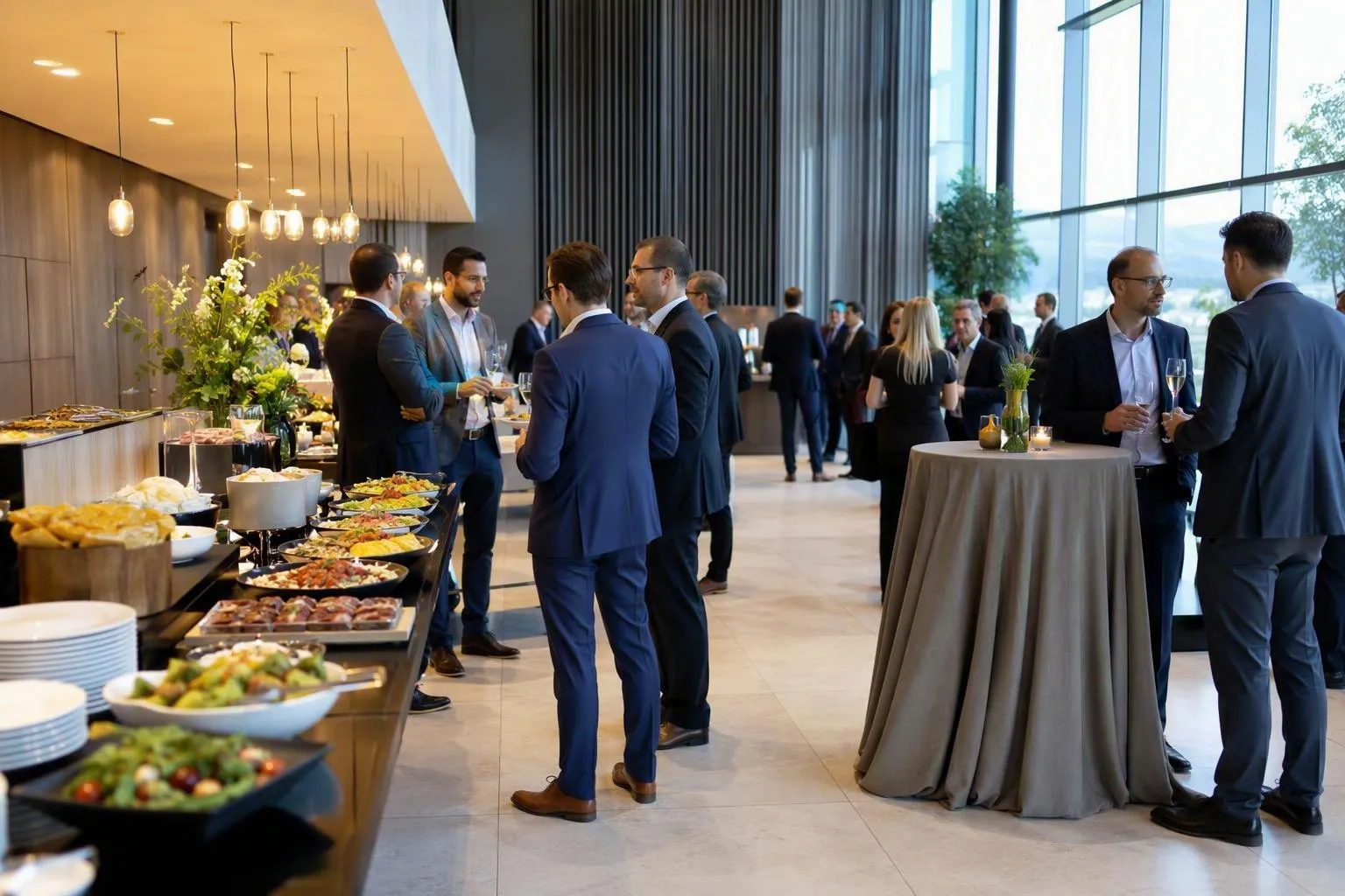 Réception d'entreprise avec buffet, personnes en costume discutant.