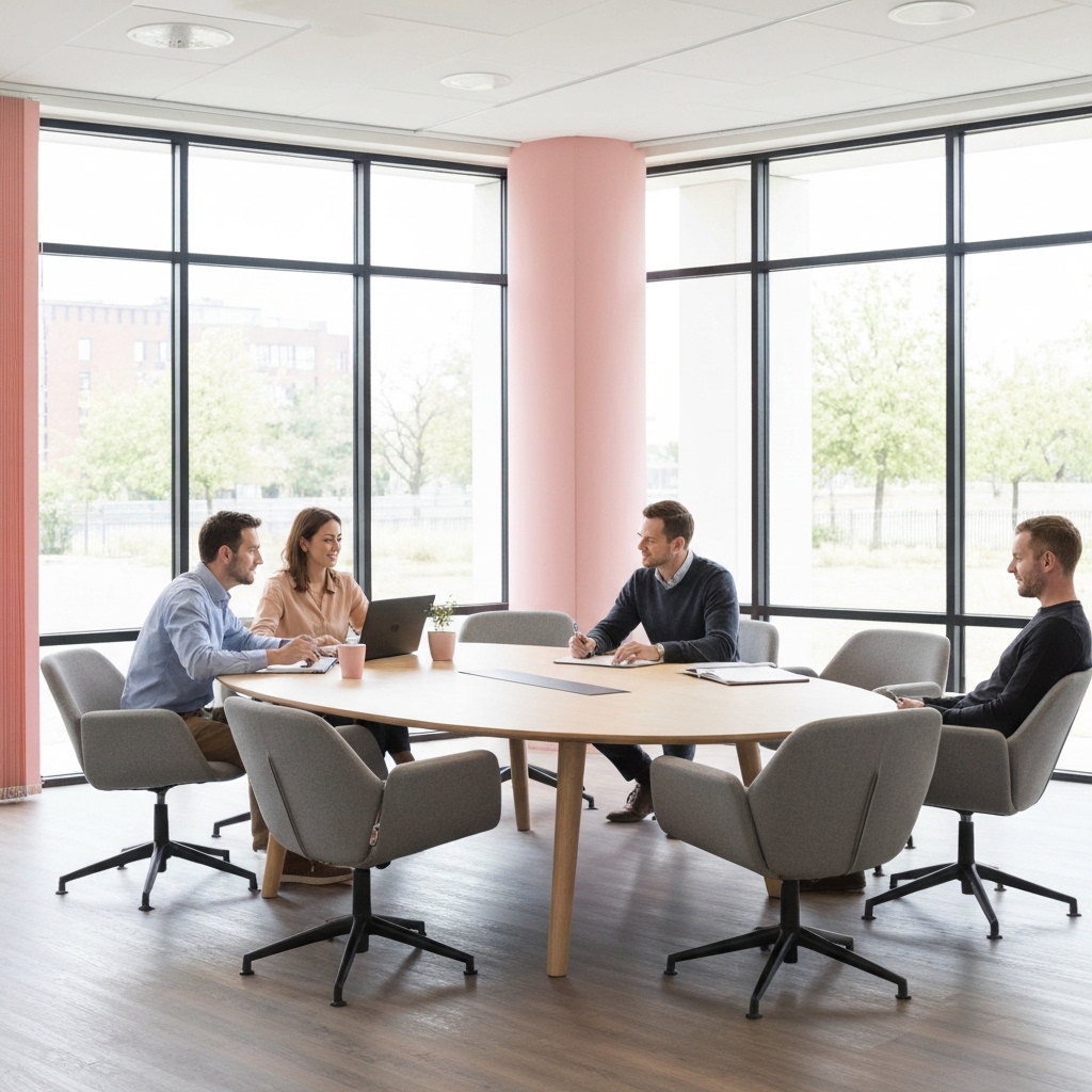 Salle de conférence moderne avec table ovale, chaises confortables, grande fenêtre avec vue sur la montagne, tableau blanc au mur, éclairage professionnel.