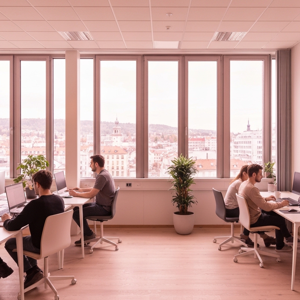 Espace de coworking moderne à Gotham Flon avec des professionnels travaillant à des bureaux contemporains, grandes fenêtres avec lumière naturelle, ambiance de travail collaboratif avec plantes et espaces de détente.