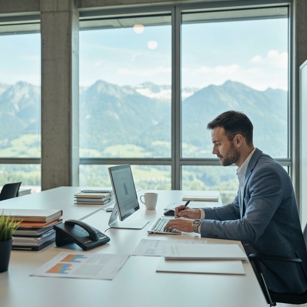 Un espace de coworking suisse moderne avec un consultant examinant des documents sur un ordinateur portable, avec une vue sur les montagnes alpines.