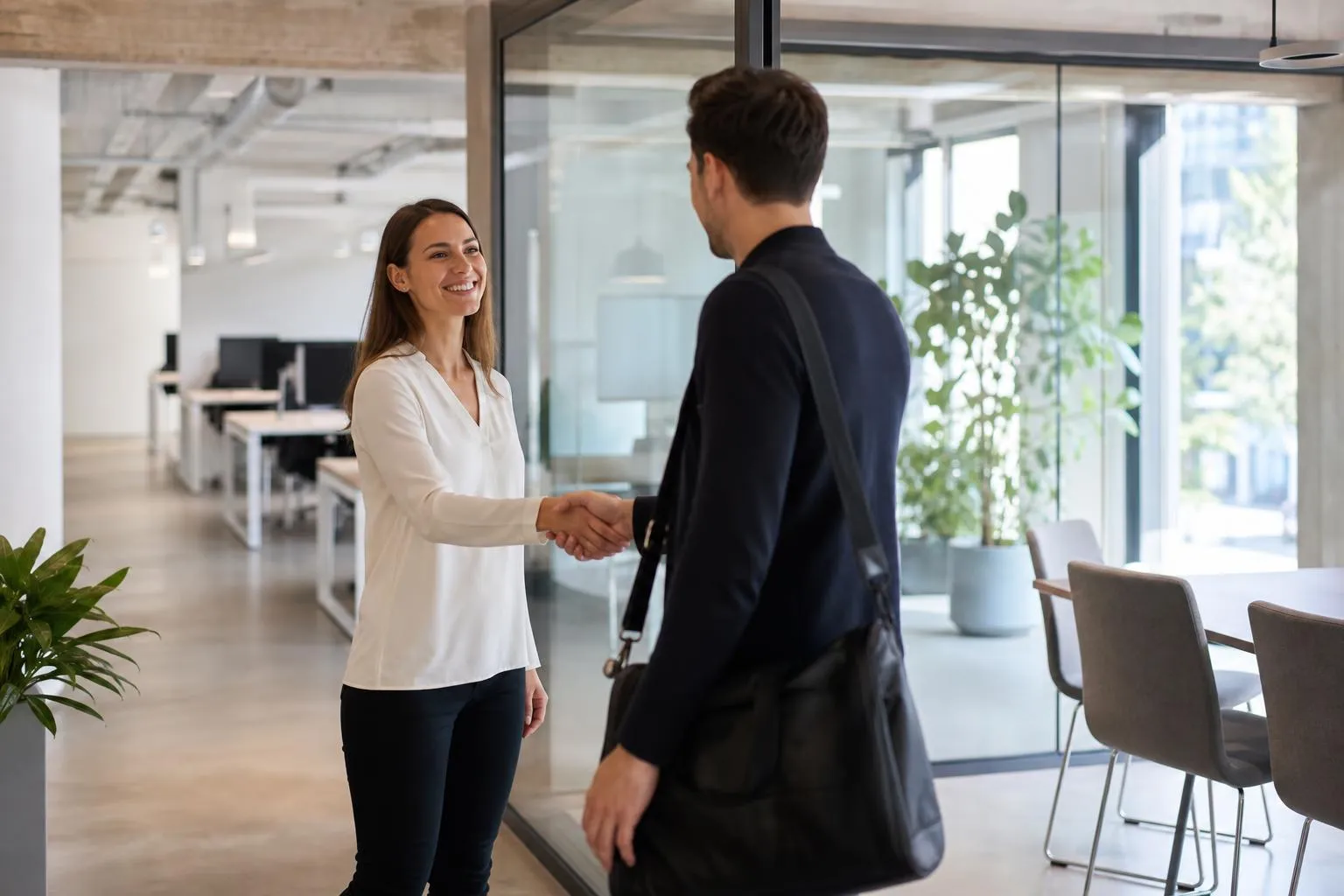 Deux personnes se serrant la main dans un bureau moderne.