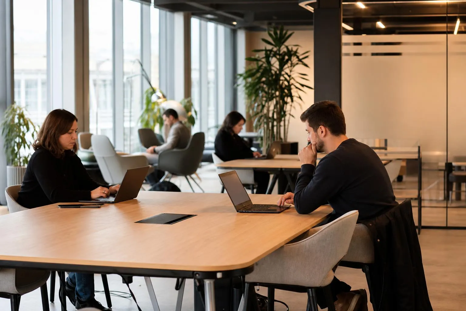 Espace de travail moderne avec des personnes utilisant des ordinateurs portables.