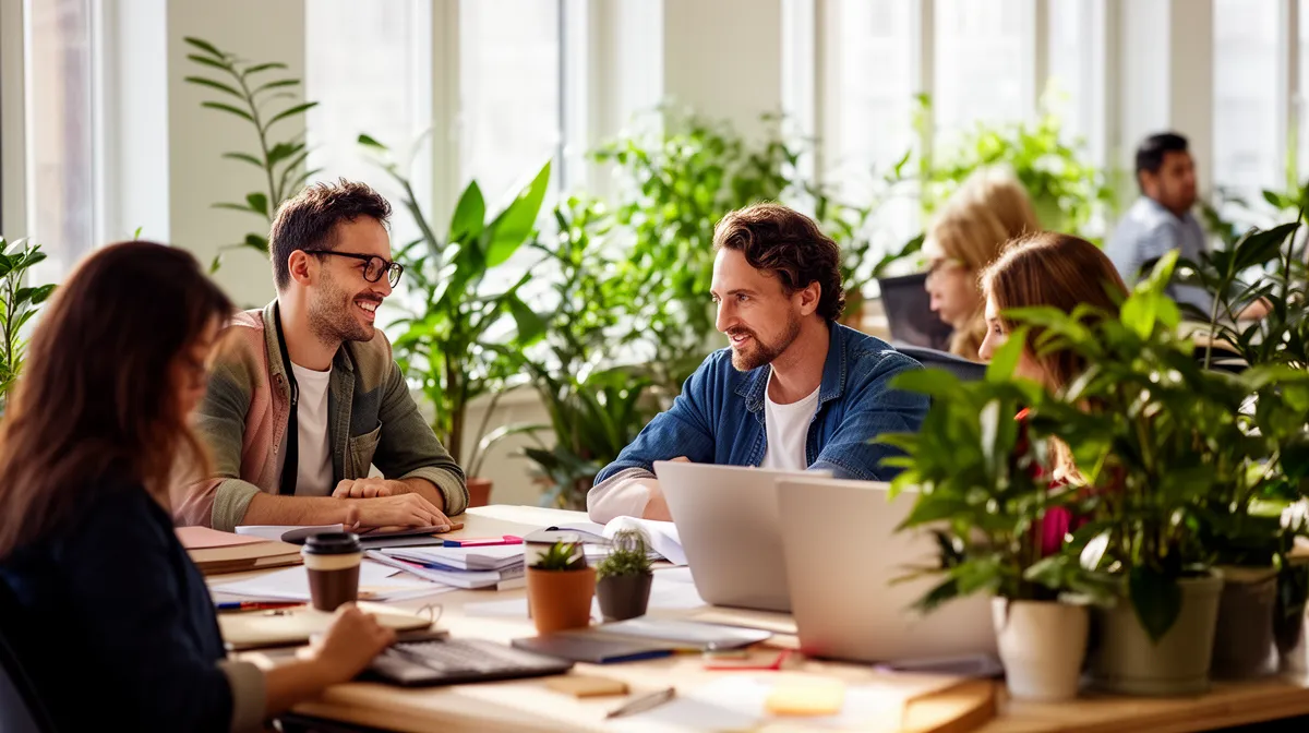 Groupe de jeunes professionnels travaillant ensemble dans un espace de bureau verdoyant.