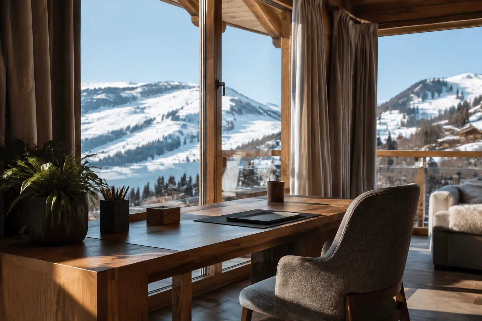 Intérieur confortable avec vue panoramique sur les montagnes enneigées.