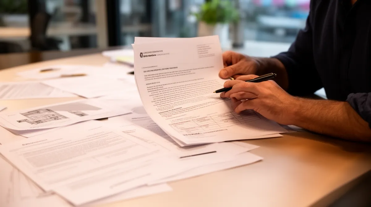 Mains remplissant un formulaire administratif sur un bureau encombré de documents.