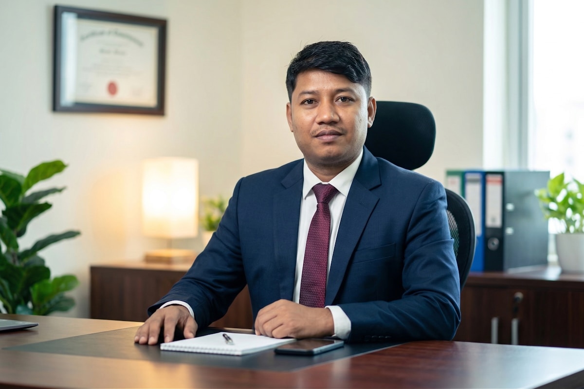 Homme d'affaires asiatique en costume sombre, assis à son bureau dans un bureau.