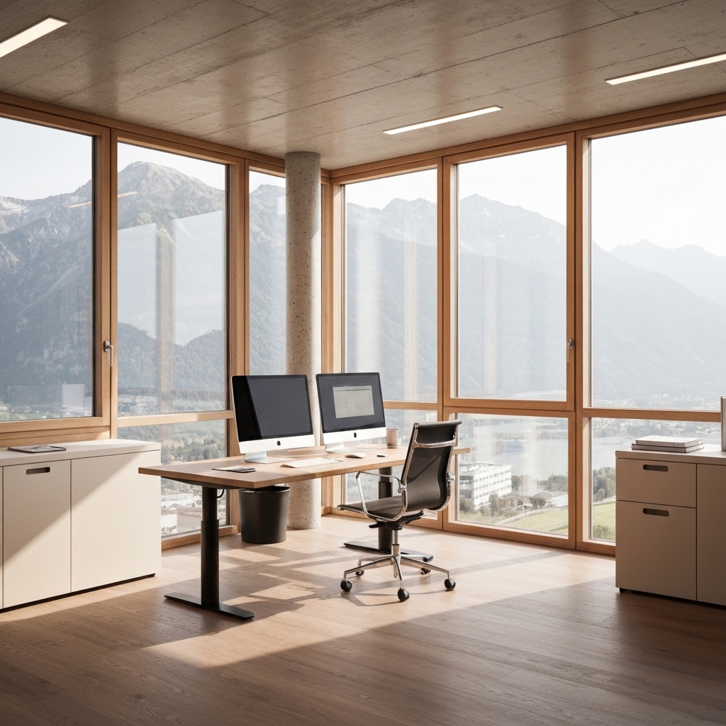[Une vue panoramique luxueuse sur les Alpes suisses depuis un bureau moderne, symbolisant le prestige d'une adresse à Verbier ou Crans-Montana.]