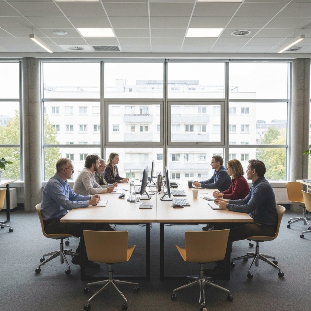 Membres modernes d'un espace de coworking collaborant dans un bureau ouvert à Flon Lausanne, entrepreneurs divers discutant de projets autour d'une table partagée, lumière naturelle des grandes fenêtres, design de bureau suisse contemporain, atmosphère professionnelle mais décontractée.