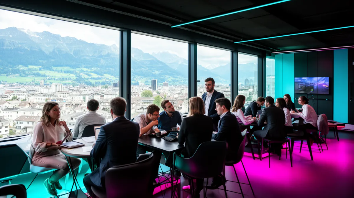 Réunion d'affaires dans un bureau moderne avec vue panoramique sur la ville.