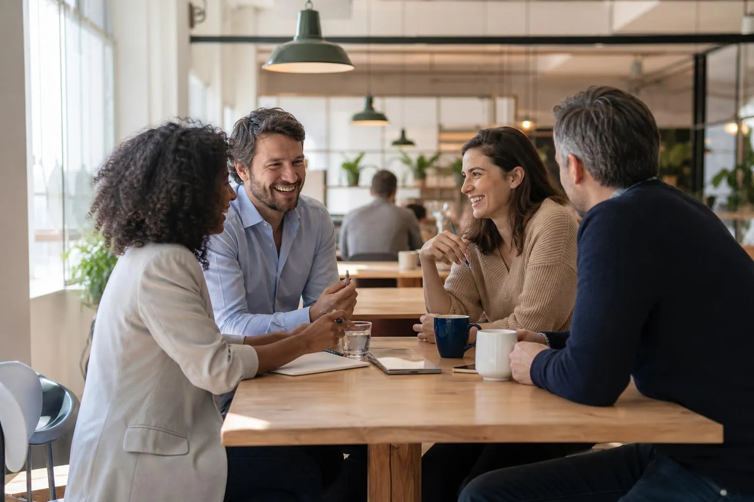 Groupe d'amis discutant et buvant du café dans un café moderne.