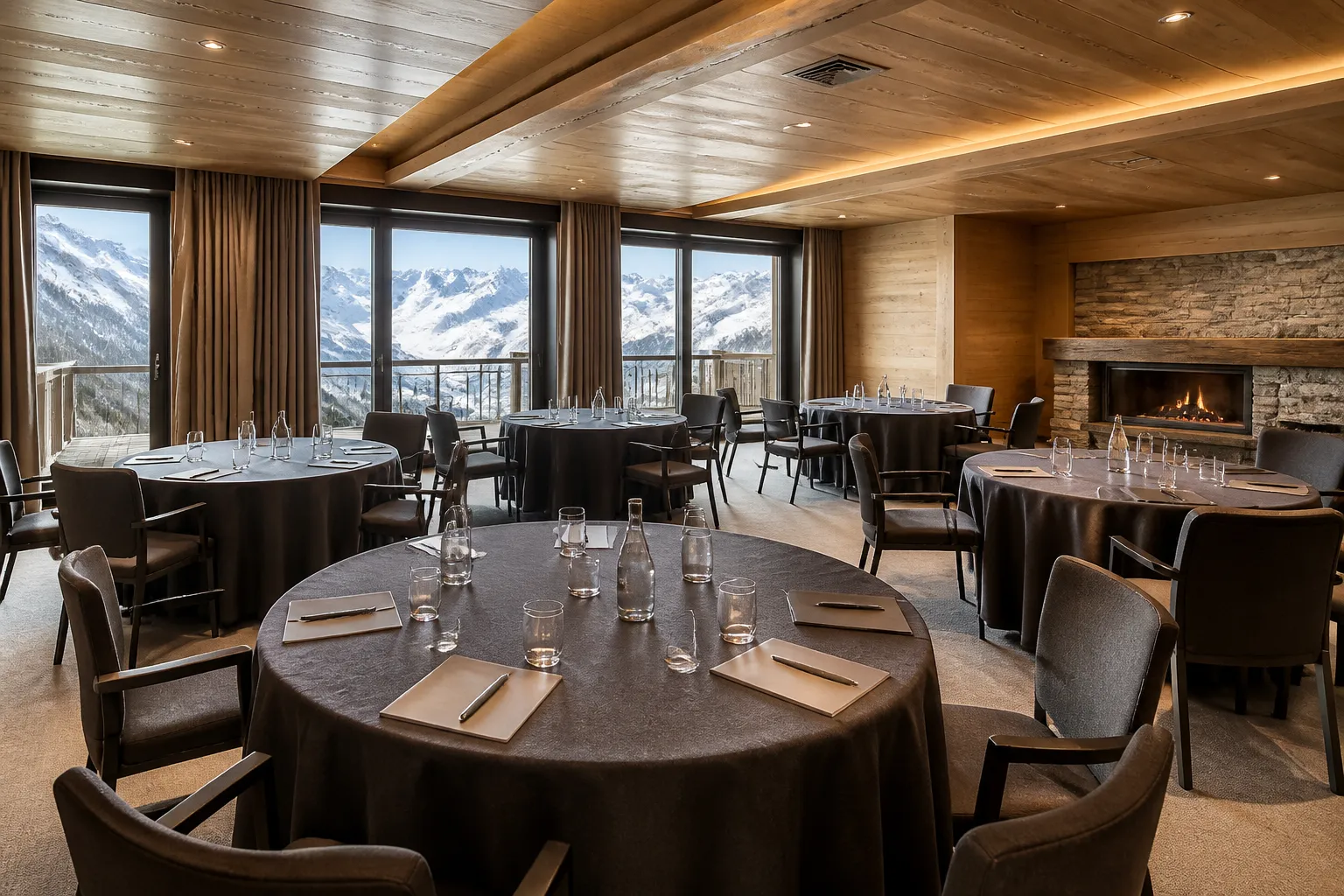 Salle à manger chaleureuse avec vue panoramique sur les montagnes enneigées.