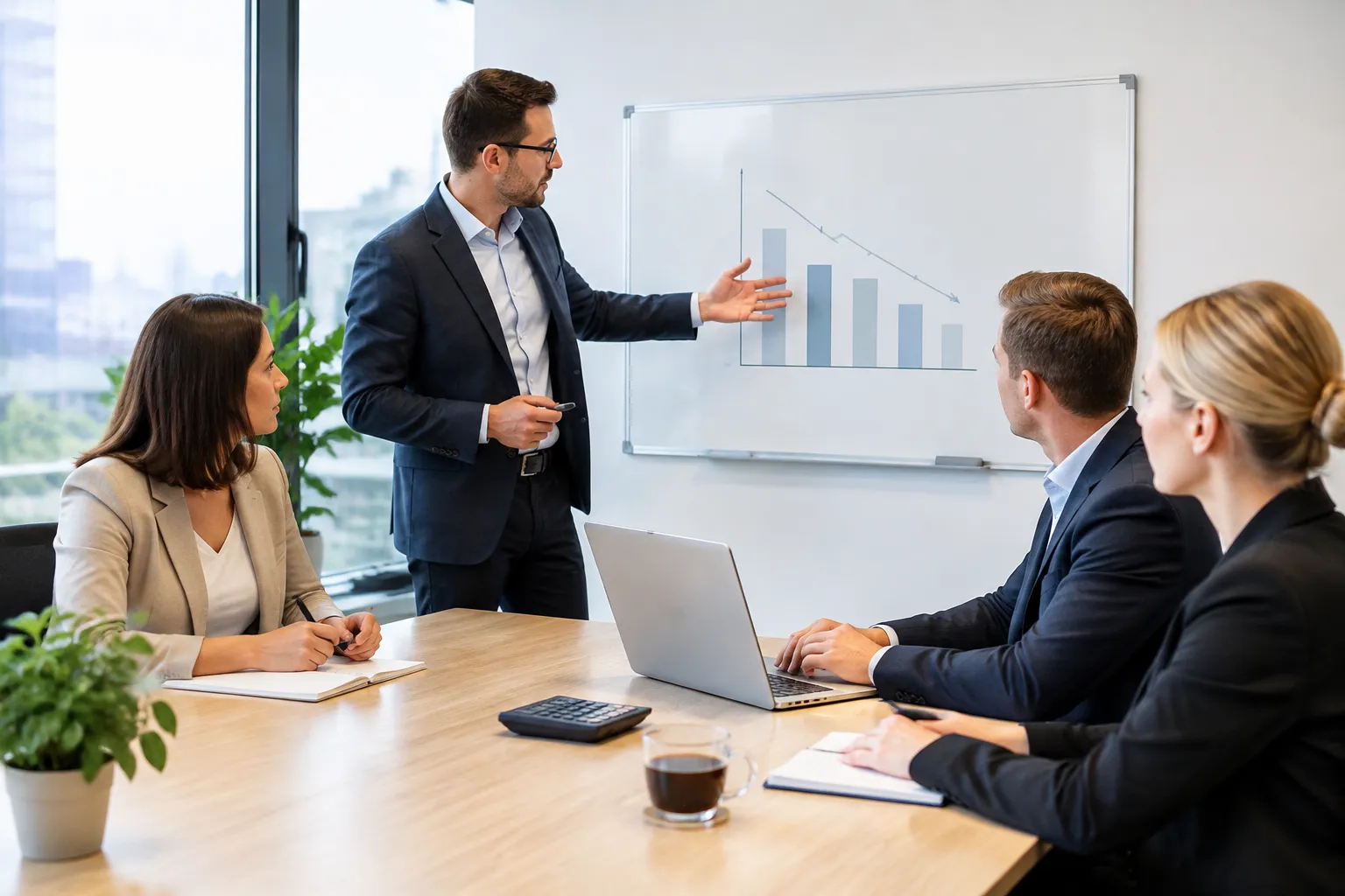 Dirigeants PME discutent autour d’un tableau de coûts immobiliers, café et calculatrice à disposition.