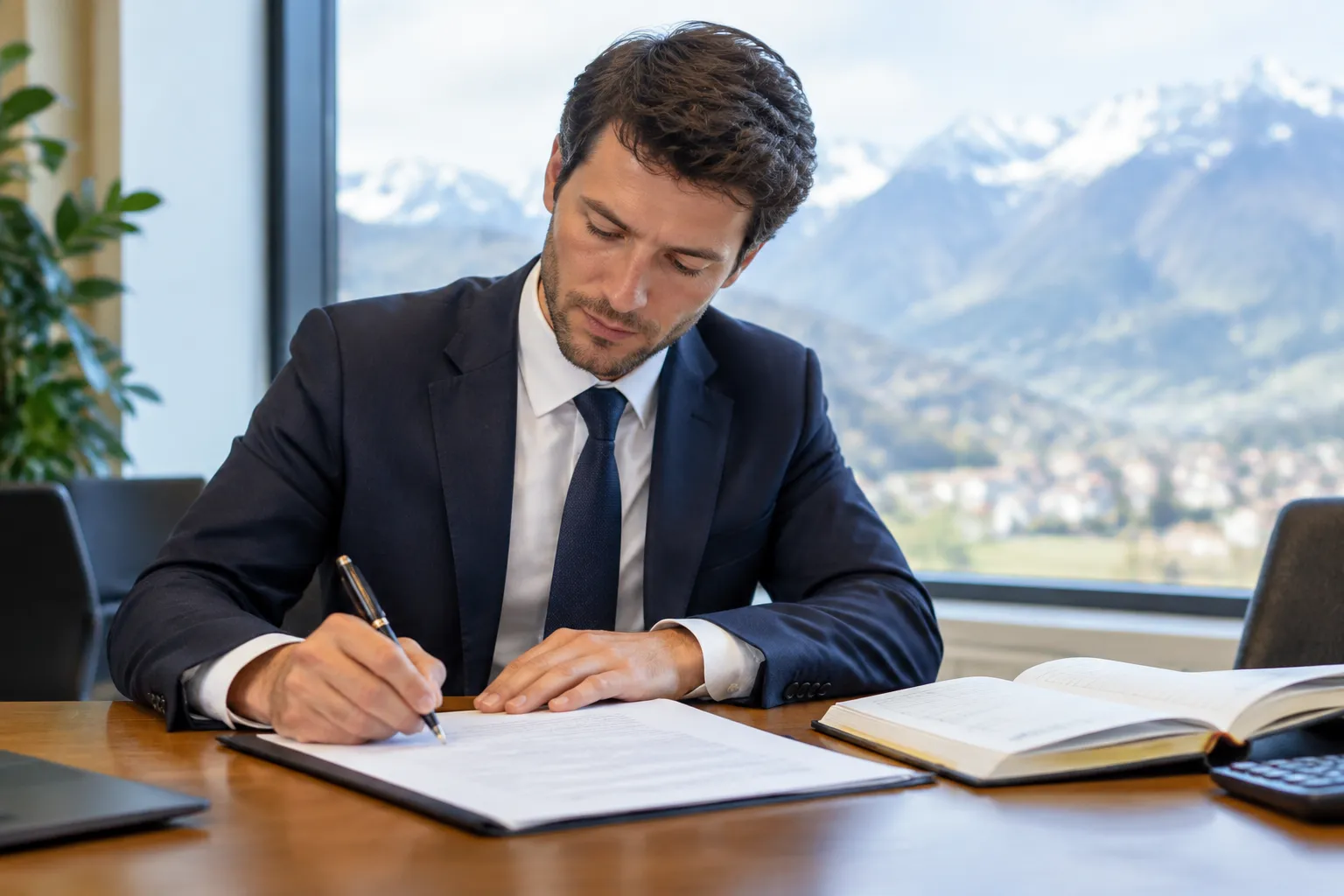 Entrepreneur valaisan signe un contrat de domiciliation, documents fiscaux visibles, décor de montagne flou.