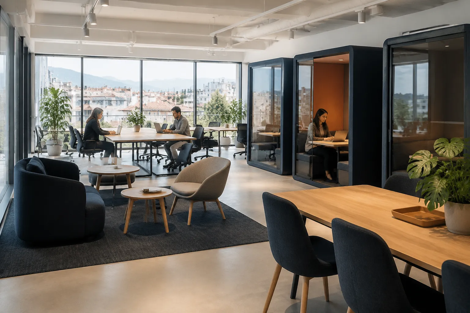 Espace de travail moderne avec vue panoramique sur la ville.
