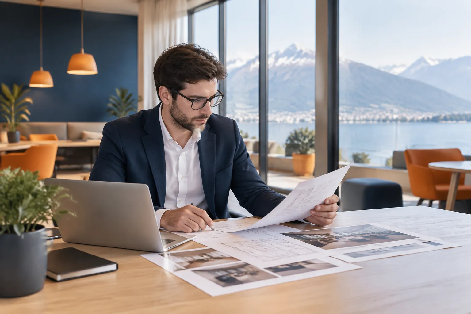 Architecte consultant des plans dans un café avec vue alpine