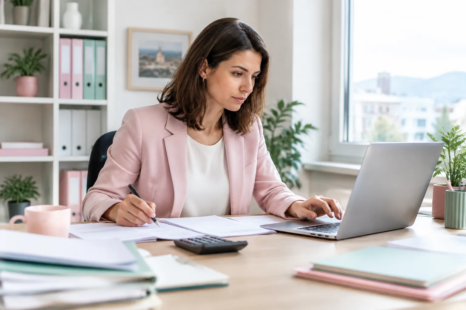 Femme travaillant sur ordinateur portable, entourée de documents au bureau