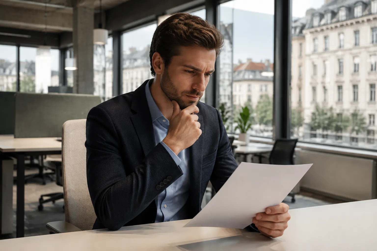 Homme d'affaires réfléchissant dans un bureau moderne.