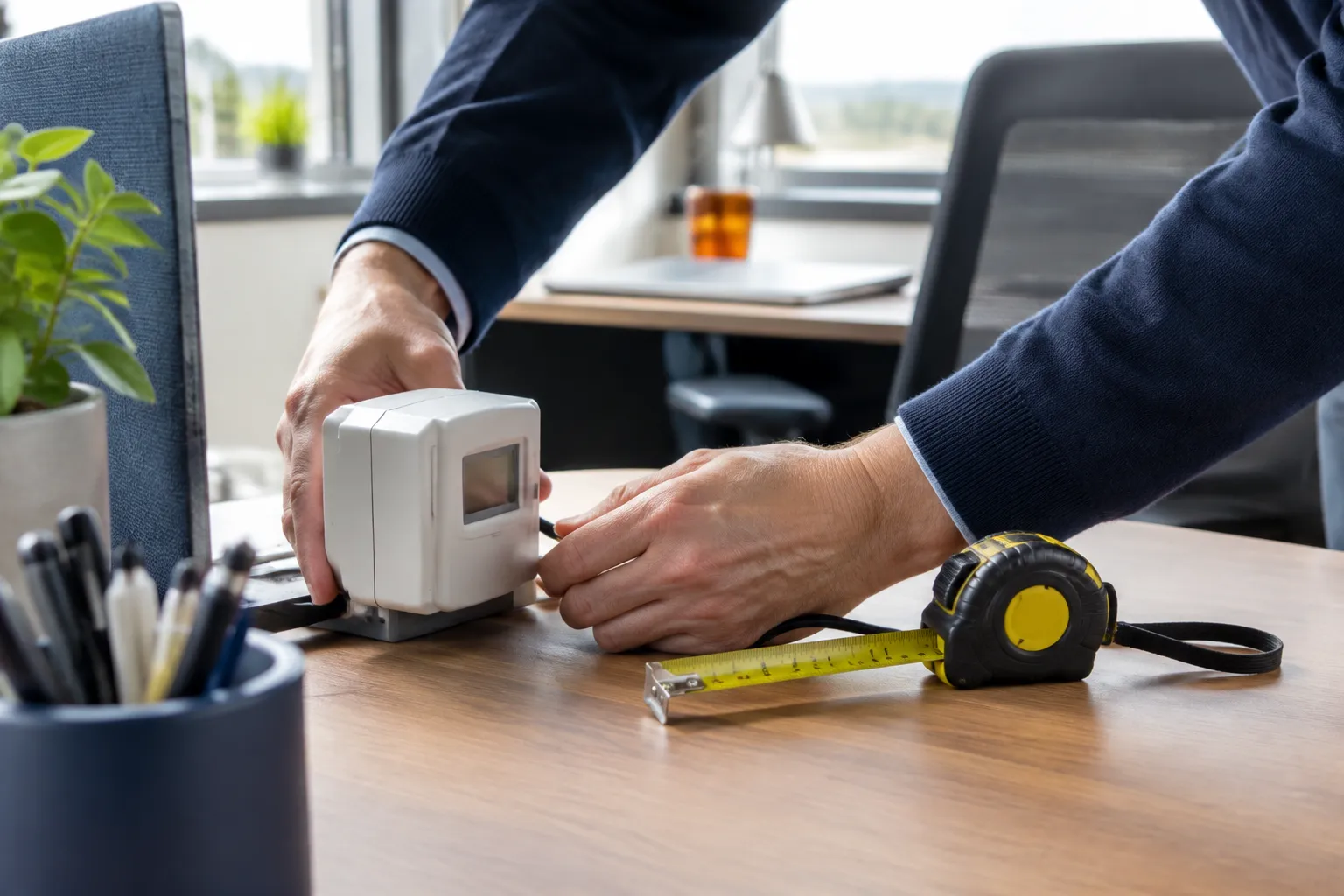 Homme mesurant un objet avec un mètre ruban au bureau